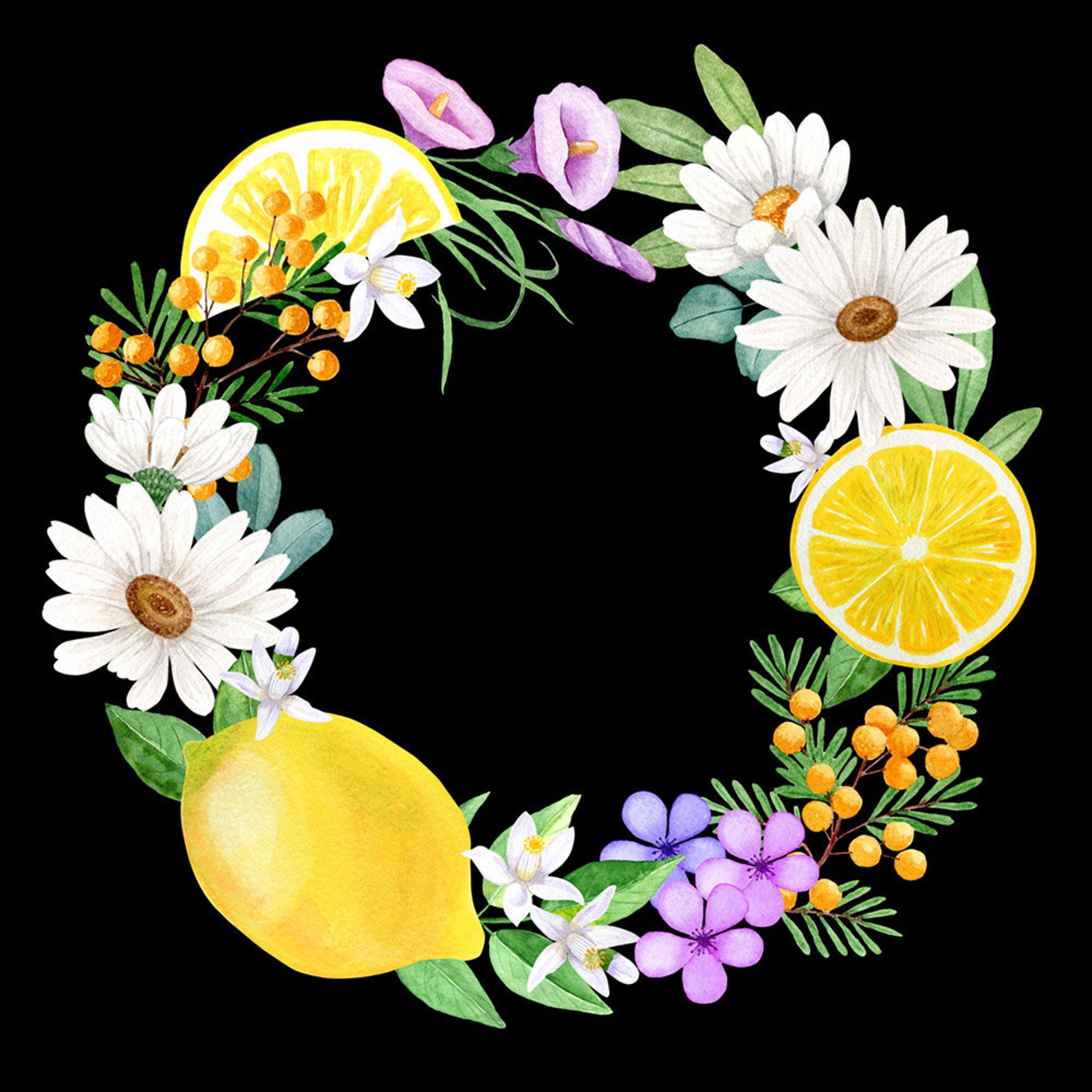 Watercolor lemon flower wreath. Wreath clipart. White | Etsy