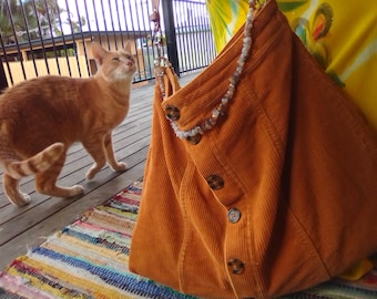 Repurposed cord skirt handy bag. 40cm width, 37cm depth.