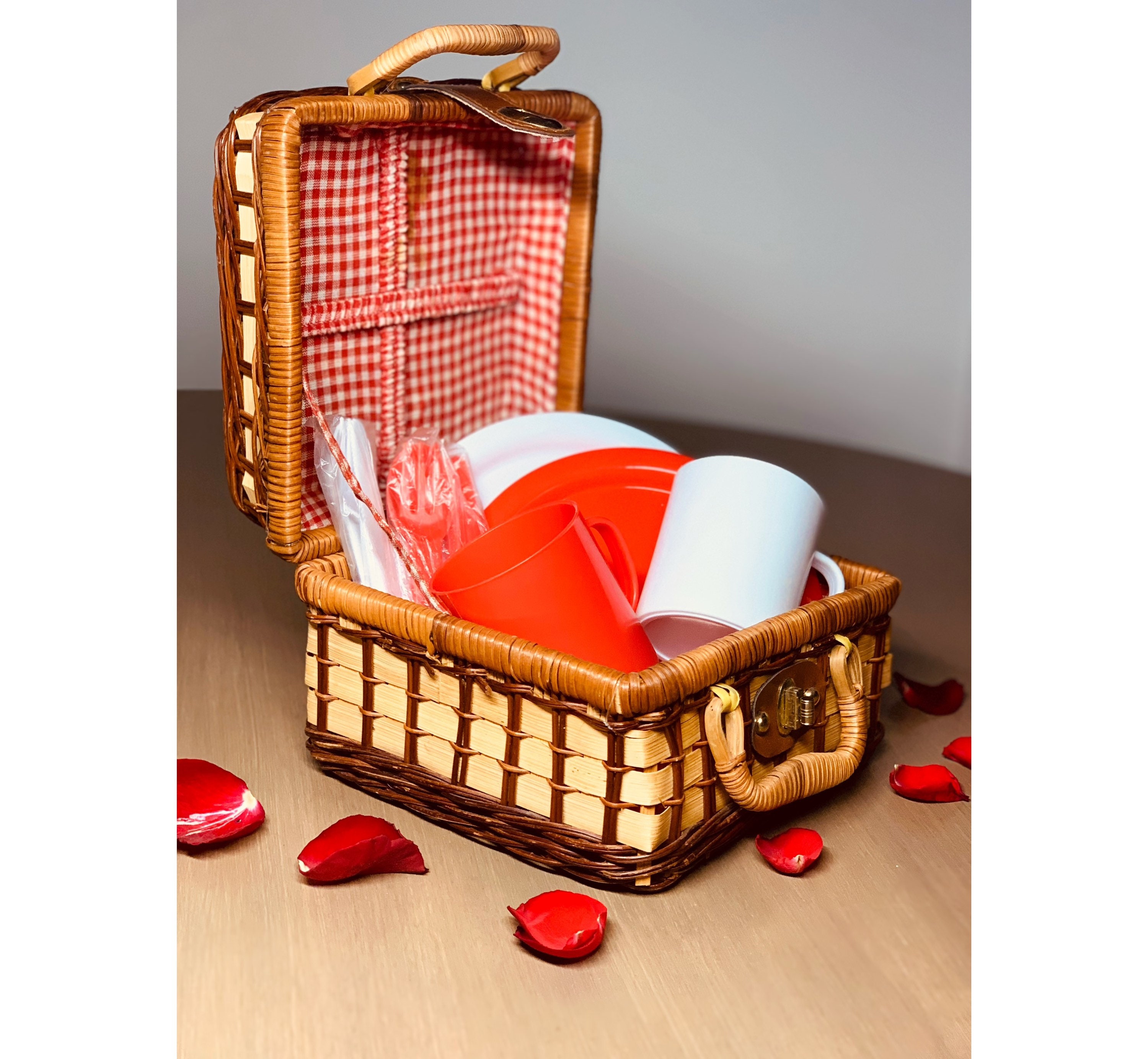 Vintage Rattan Picnic Basket With Red White Picnic Etsy