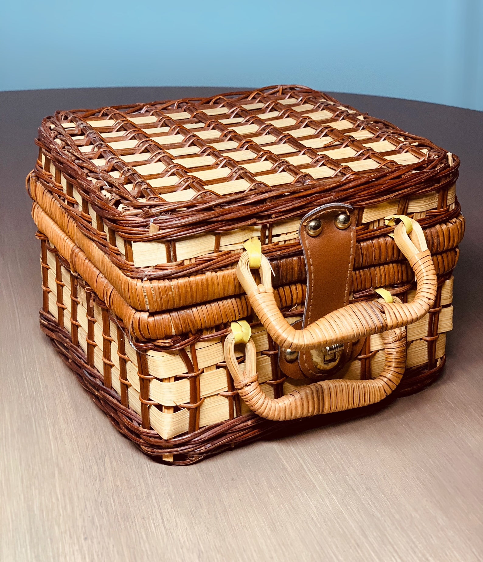 Vintage Rattan Picnic Basket With Red White Picnic Etsy