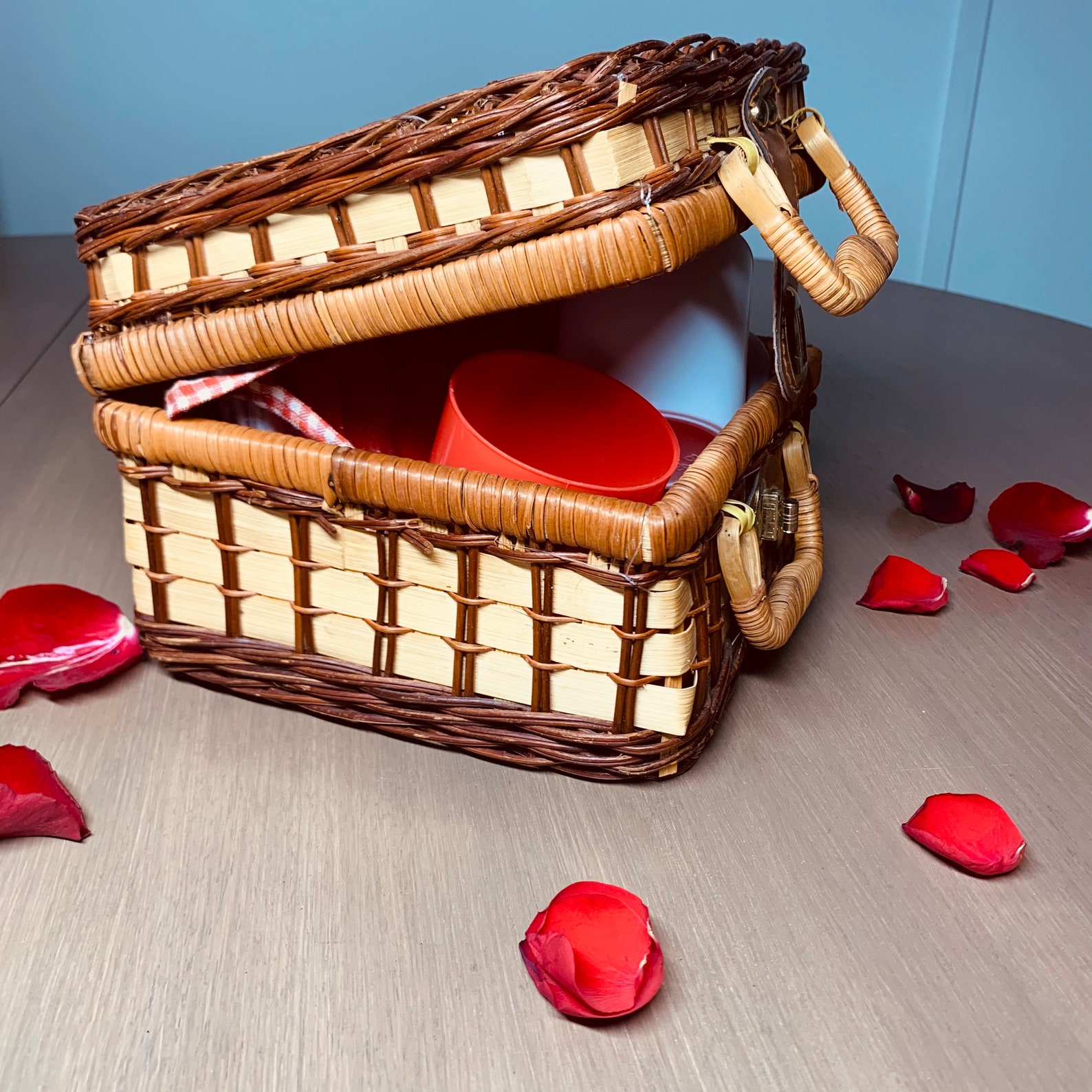 Vintage Rattan Picnic Basket With Red White Picnic Etsy