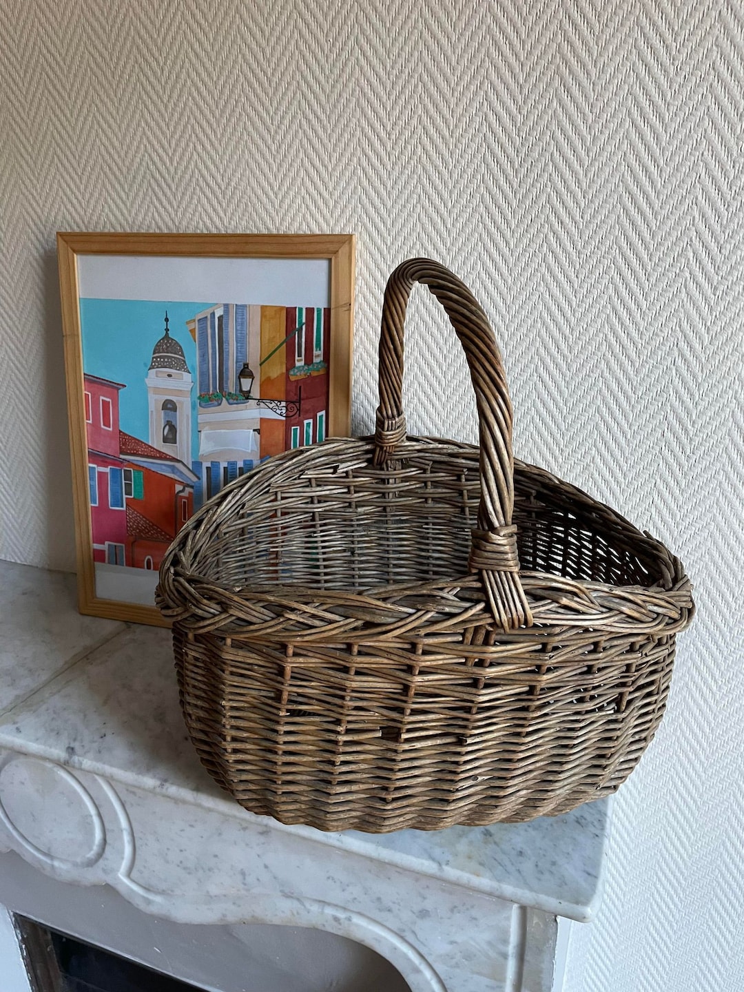 Vintage Brown Gray Wicker Basket Etsy
