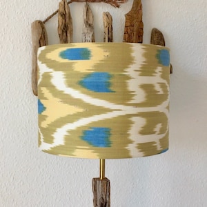 30cm Diameter Mustard - Blue - White Handwoven Cotton Uzbek Ikat Fabric Handmade Lampshade