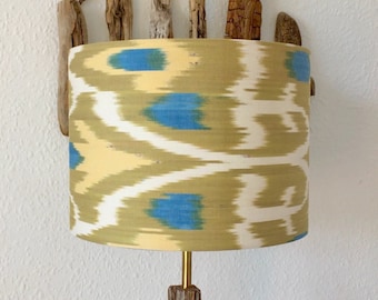 30cm Diameter Mustard - Blue - White Handwoven Cotton Uzbek Ikat Fabric Handmade Lampshade