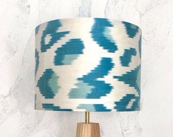 30cm Diameter Rich Emerald Green and Light Teal &quot;Leopard Print&quot; on Pale Beige Uzbek Silk Ikat Fabric Handmade Lampshade