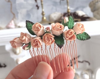 Rare Handmade Bridal Comb With Dainty Adorable Miniature Handmade Peach Roses and Rose Leaves