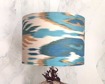 30cm Diameter Yellow Ochre - Petrol Blue - Turquoise Handwoven Cotton Uzbek Ikat Fabric Handmade Lampshade