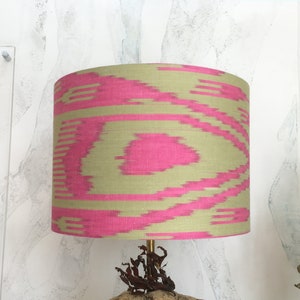 30cm Diameter Yellowish Green and Cotton Candy Pink Handwoven Uzbek Ikat Cotton Handmade Lampshade