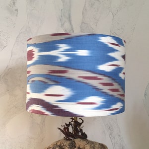 30cm DIA Wine - Sky Blue - White and Taupe colour Uzbek Cotton Ikat Hand loomed Fabric Handmade Lampshade