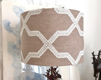May include: A beige lampshade with a white geometric pattern. The lampshade is made of fabric and has a fringed edge.