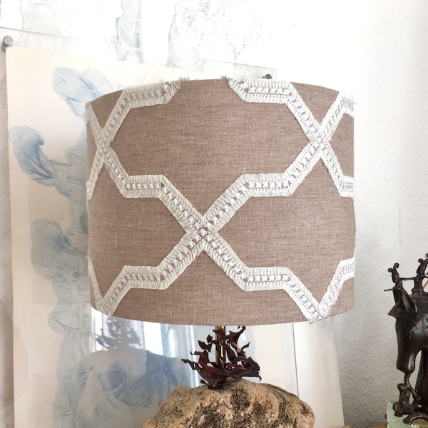 Lin de couleur hessienne de 30cm de diamètre avec motif géométrique appliqué, abat-jour en tissu de Style rustique fait à la main