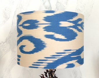 30cm DIA Fresh and Elegant Sky Blue - Off White Uzbek Cotton Ikat Hand loomed Fabric Handmade Lampshade