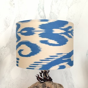 30cm DIA Fresh and Elegant Sky Blue - Off White Uzbek Cotton Ikat Hand loomed Fabric Handmade Lampshade