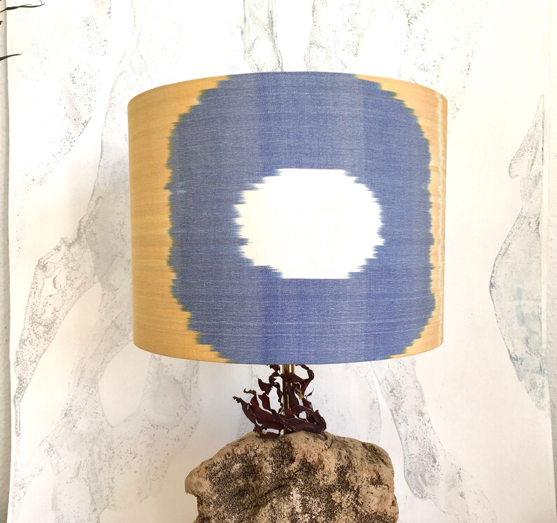 30cm and 15cm Diameter Sunshine Yellow and Faded Denim Blue Handwoven Silk Uzbek Ikat Fabric Handmade Lampshade image 3