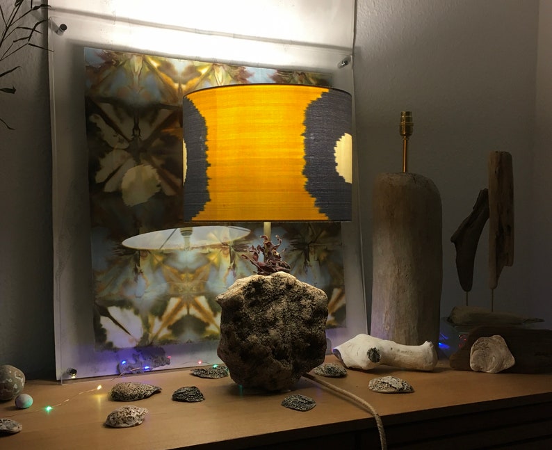 30cm and 15cm Diameter Sunshine Yellow and Faded Denim Blue Handwoven Silk Uzbek Ikat Fabric Handmade Lampshade image 8