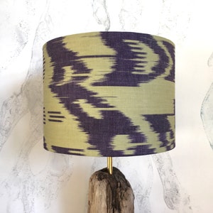 30cm Diameter Purple and Light Yellowish Army Green Handwoven Cotton Uzbek Ikat Fabric Handmade Lampshade