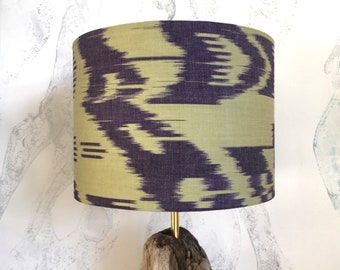 30cm Diameter Purple and Light Yellowish Army Green Handwoven Cotton Uzbek Ikat Fabric Handmade Lampshade