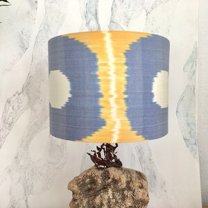 30cm and 15cm Diameter Sunshine Yellow and Faded Denim Blue Handwoven Silk Uzbek Ikat Fabric Handmade Lampshade image 4