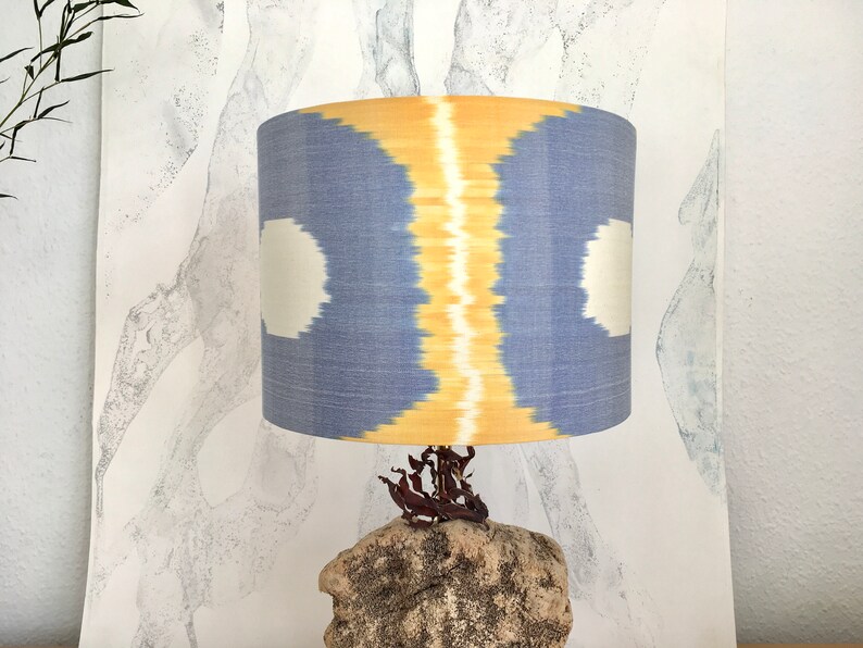 30cm and 15cm Diameter Sunshine Yellow and Faded Denim Blue Handwoven Silk Uzbek Ikat Fabric Handmade Lampshade image 4