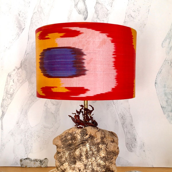 Vivid and Bright with Very Saturated Colours Uzbek Hand Loomed Ikat Silk Fabric Handmade Lampshade