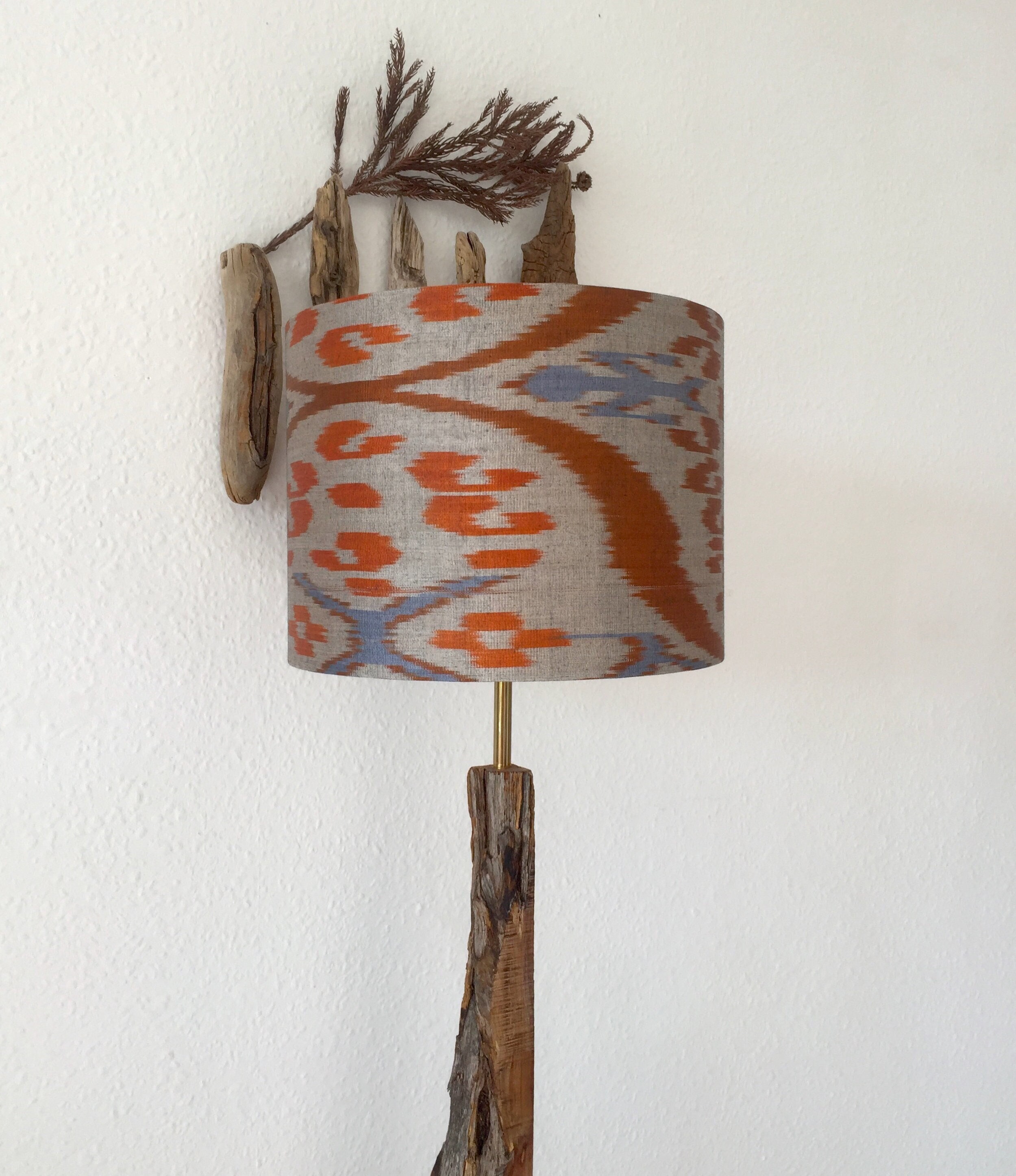 30cm DIA  Ash Like Grey/Brown - Blue - Rusty Orange and Rusty Brown Uzbek Silk Uzbek Hand loomed Ikat Fabric Handmade Lampshade