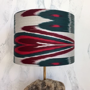 30cm Diameter Scarlet Red and Dark Green Uzbek Silk and Cotton Ikat Fabric Statement Handmade Lampshade