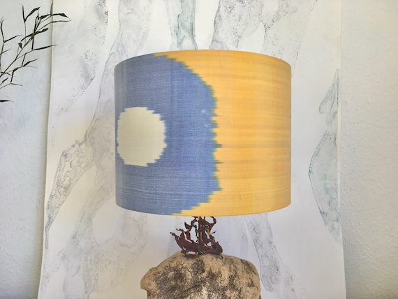 30cm and 15cm Diameter Sunshine Yellow and  Faded Denim Blue Handwoven Silk Uzbek Ikat Fabric Handmade Lampshade