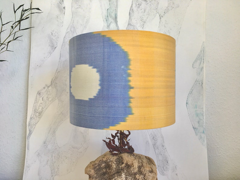 30cm and 15cm Diameter Sunshine Yellow and Faded Denim Blue Handwoven Silk Uzbek Ikat Fabric Handmade Lampshade image 1