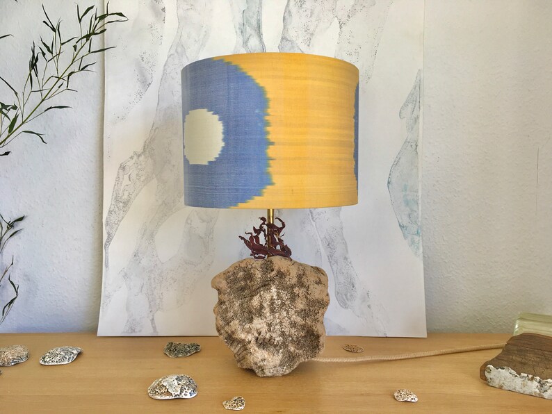 30cm and 15cm Diameter Sunshine Yellow and Faded Denim Blue Handwoven Silk Uzbek Ikat Fabric Handmade Lampshade image 6
