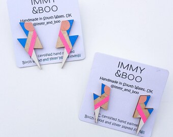 Bright hand painted bolt earrings - Colour lover gift - Eco friendly gift - Festival earrings - Neon pink