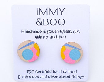 Bright hand painted earrings, colour lover gift, eco friendly gift, gold, pink, lilac, black spots lightweight earrings