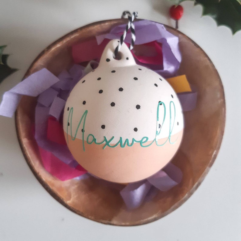 Hand painted personalised bright neon Christmas bauble Peach Dots