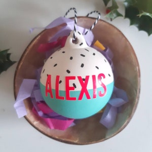 Hand painted personalised bright neon Christmas bauble Mint Dashes