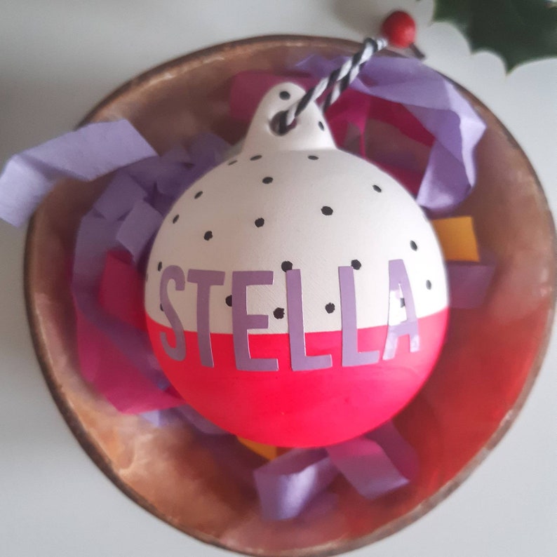 Hand painted personalised bright neon Christmas bauble Neon Pink Dots