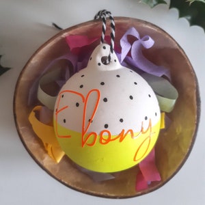 Hand painted personalised bright neon Christmas bauble Neon Yellow Dots