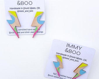 Bright hand painted bolt earrings, colour lover gift, eco friendly gift, Neon Yellow, Pink, Teal