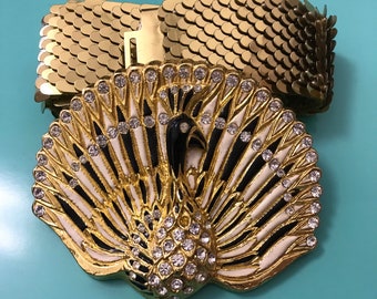 Rare belt buckle in the shape of a peacock with belt