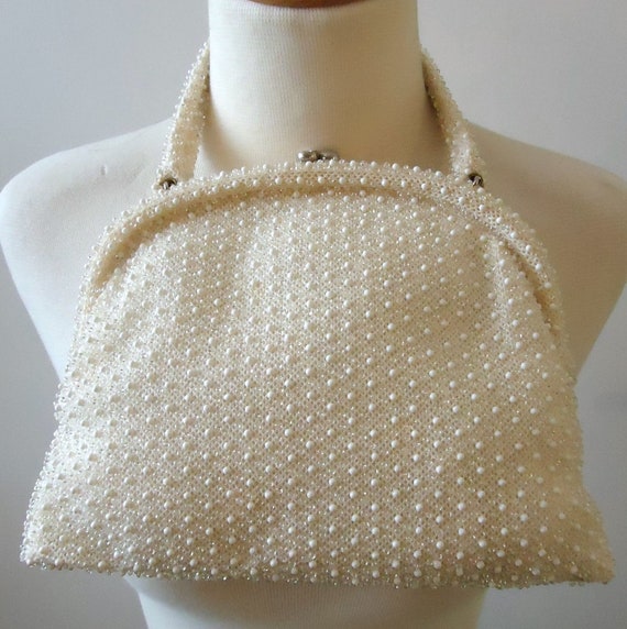 White beaded bag vintage 1960's embroidered beads