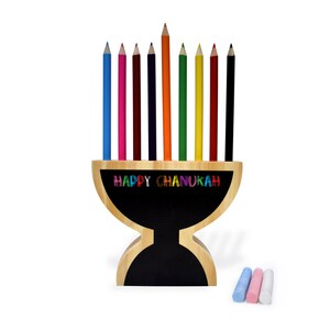 Wooden Menorah Pencil Holder & Chalk, Chanukah Pencil Holder, Hanukkah Pencil Holder, Menorah, Pencil, Colourful