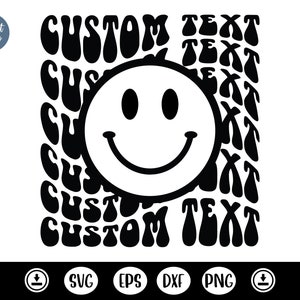 SVG impilato personalizzato con faccina sorridente,lettere ondulate svg,svg impilati ondulati,testo ondulato personalizzato,design retrò vintage personalizzato,regalo personalizzato