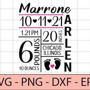 Baby Geburtsankündigung SVG, Baby und Mädchen Zahlen, Geburtsdaten, DXF, PNG, Eps Cut File, Print Datei für Silhouette, Cricut