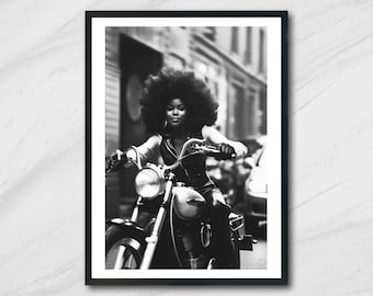 Beautiful Black Woman Biker Afro Fashion 1960s Photography Vogue Photo Black And White Museum-quality Print