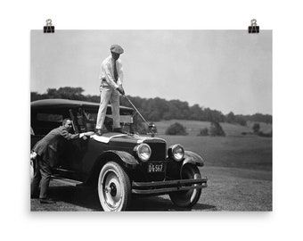 Vintage Photography Golfer On Car Black And White Photo Museum-quality Print
