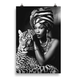 Beautiful African Queen with Tiger Fashion 1960s Photo Black And White Museum-quality Print
