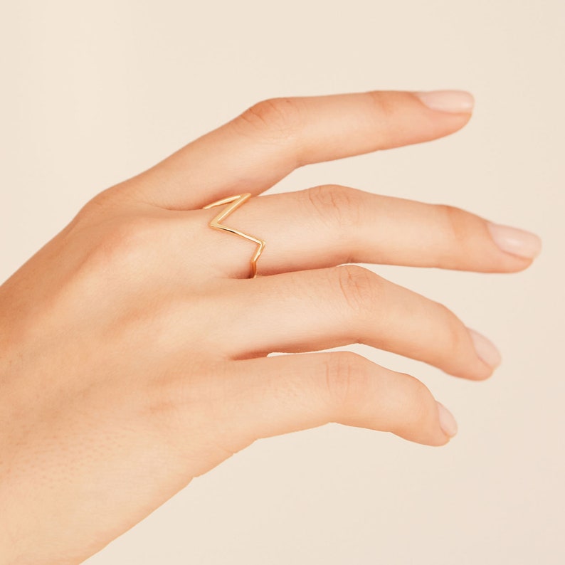 Lightning minimalistic ring, Mountain ring, Thin dainty ring, 18k gold geometric ring, Modern Silver Stackable ring, V shape Minimal ring image 3