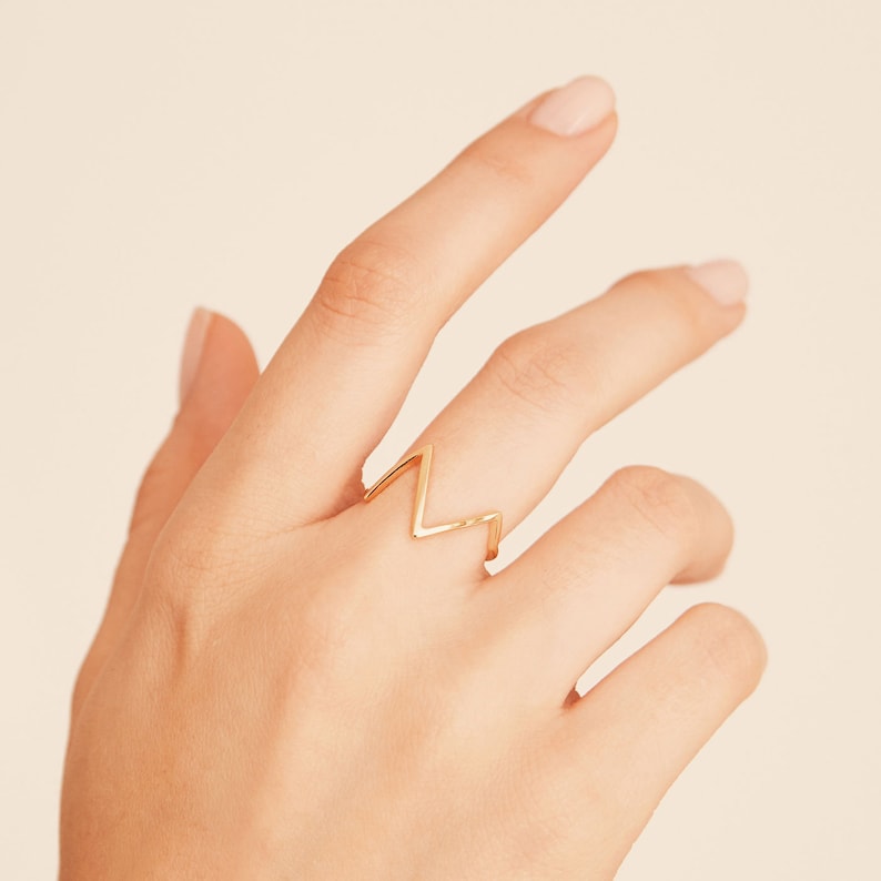 Lightning minimalistic ring, Mountain ring, Thin dainty ring, 18k gold geometric ring, Modern Silver Stackable ring, V shape Minimal ring image 1