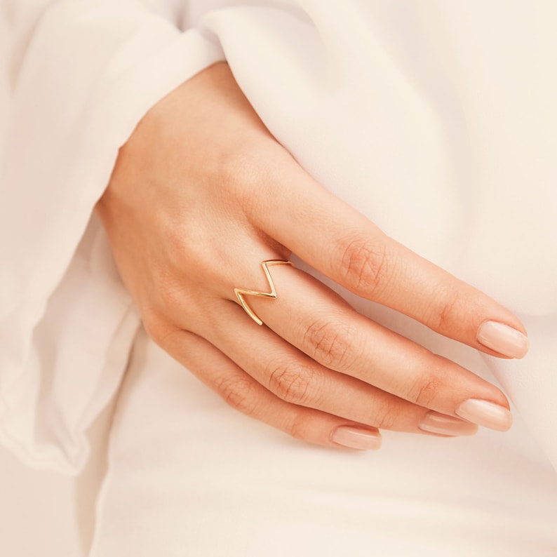 Lightning minimalistic ring, Mountain ring, Thin dainty ring, 18k gold geometric ring, Modern Silver Stackable ring, V shape Minimal ring image 2