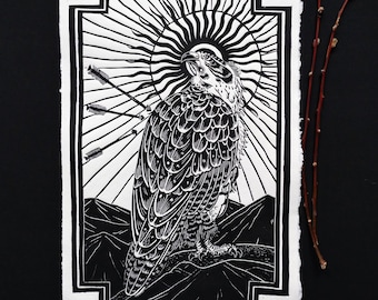 Linogravure impression papier coton fait main style japonais estampe aigle soleil noir| Japon Death artprint linocut décor mural imprimé à la main