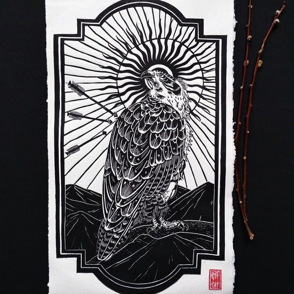 Linogravure impression papier coton fait main style japonais estampe aigle soleil noir| Japan Death artprint linocut hand printed wall decor