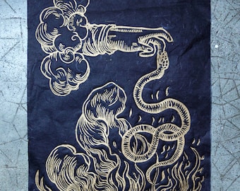 Linogravure impression sur papier mûrier noir encre ou emblème médiévale art traditionnel Linogravure décor mural imprimé à la main